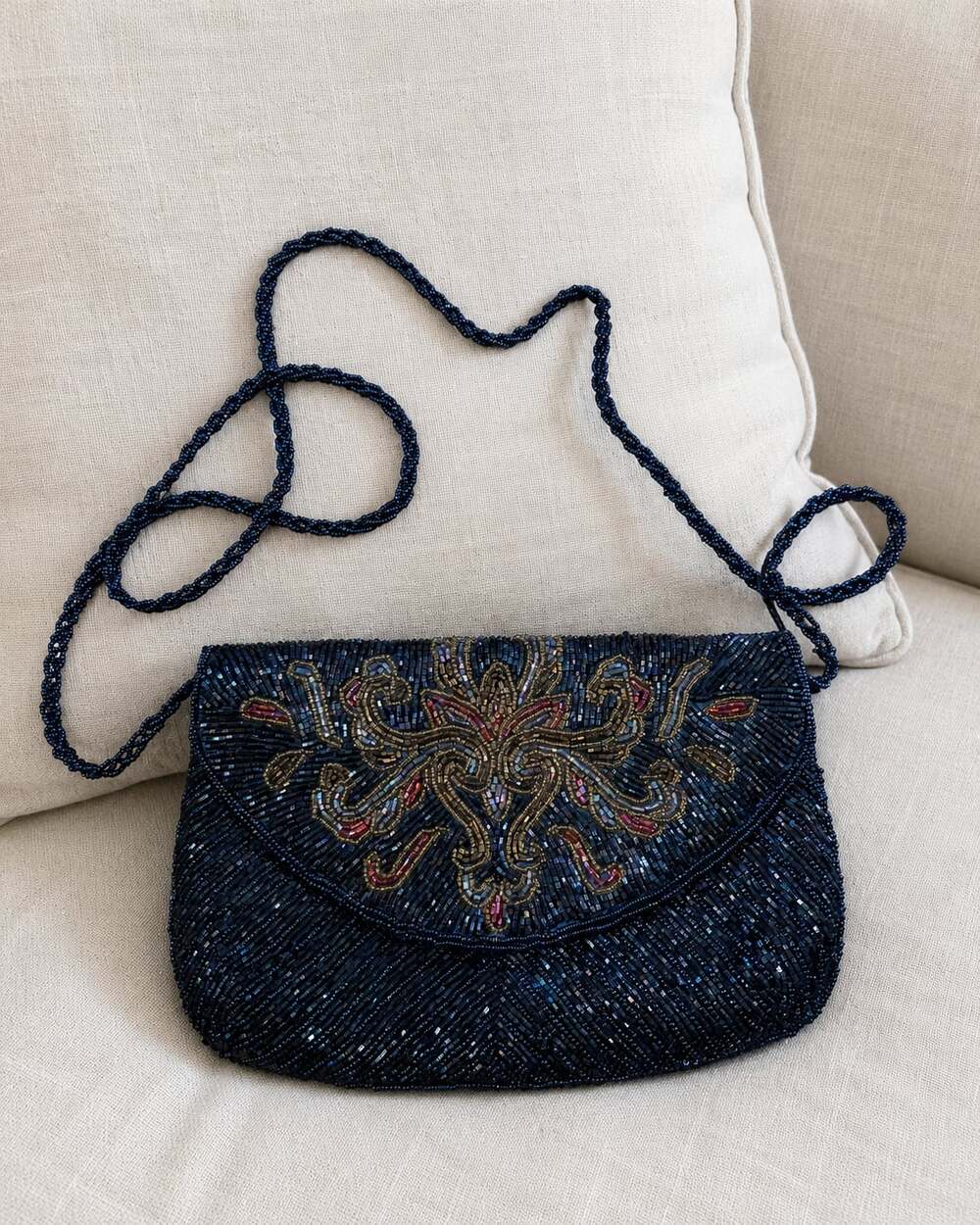 La Regale Ltd. Vintage Navy Blue Hand-Beaded Clutch Floral with Shoulder Strap